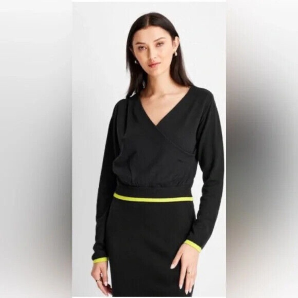 Black Wrap-Style Long Sleeve Blouse with Neon Trim